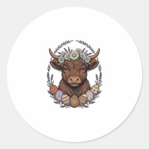 Highland Cow Easter Vintage Floral Egg Art Classic Round Sticker