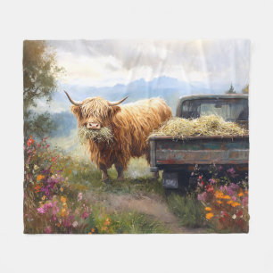 Highland Cow Eating Hay Fleece Blanket