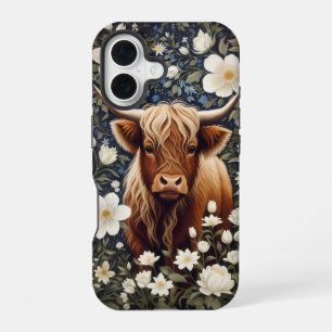 Highland Cow Elegant White Floral iPhone 16 Case