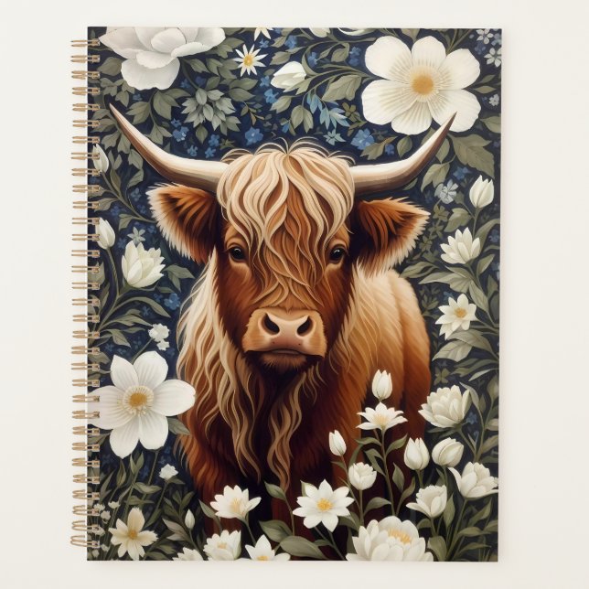 Highland Cow Elegant White Floral Planner (Front)