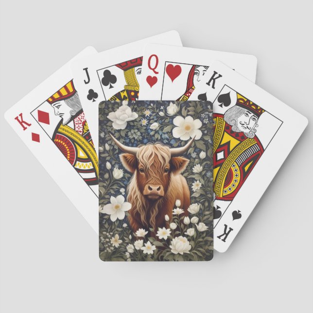Highland Cow Elegant White Floral Playing Cards (Back)