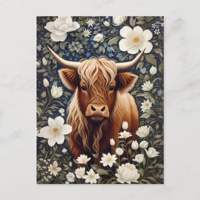 Highland Cow Elegant White Floral Postcard (Front)