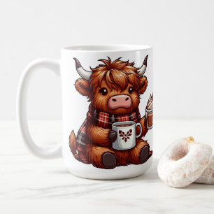 Highland Cow Enjoying Hot Beverages in Cosy Plaid Coffee Mug