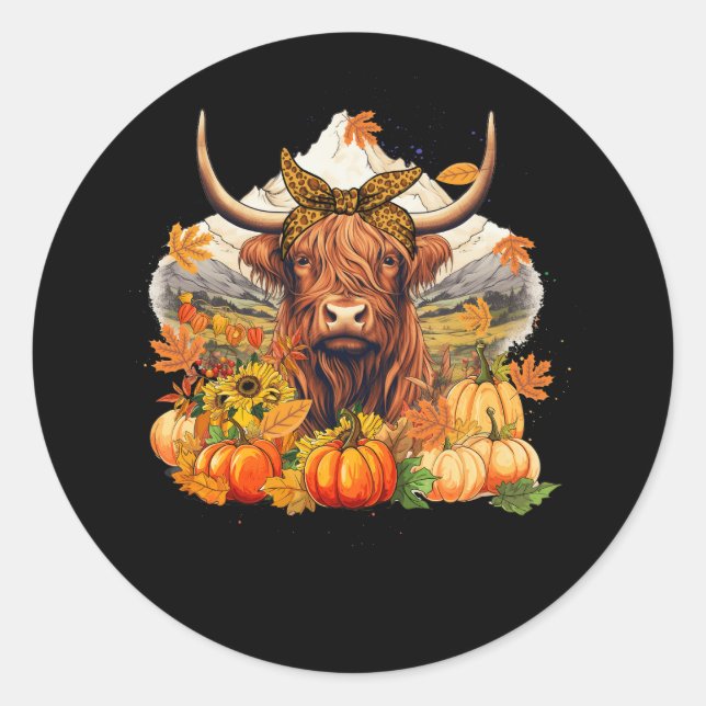 Highland Cow Fall And Leaves Pumpkins Autumn Thank Classic Round Sticker (Front)