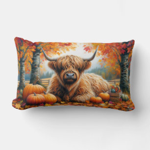 Highland Cow Fall Pumpkins Watercolor Lumbar Cushion