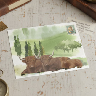 Highland Cow Family Watercolor Scotland Postcard