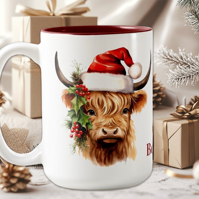 Highland Cow Festive Farm Animal Christmas  Two-Tone Coffee Mug (Creator Uploaded)