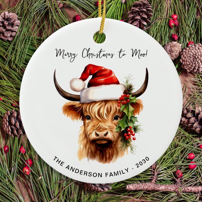 Highland Cow Festive Farm Merry Christmas to MOO Ceramic Tree Decoration (Creator Uploaded)