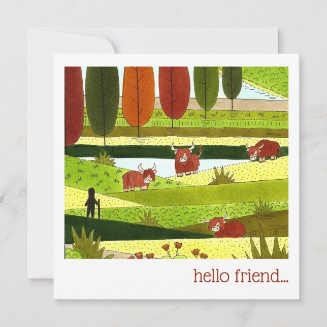 Highland Cow Field Hello Friend Card (Front)