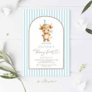 Highland Cow First Birthday Boy Invitation
