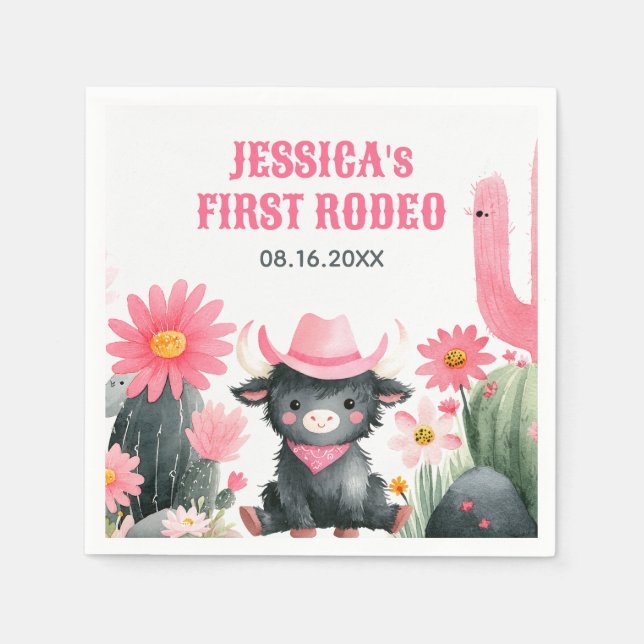 Highland Cow First Rodeo Western Kids' Birthday  Napkin (Front)