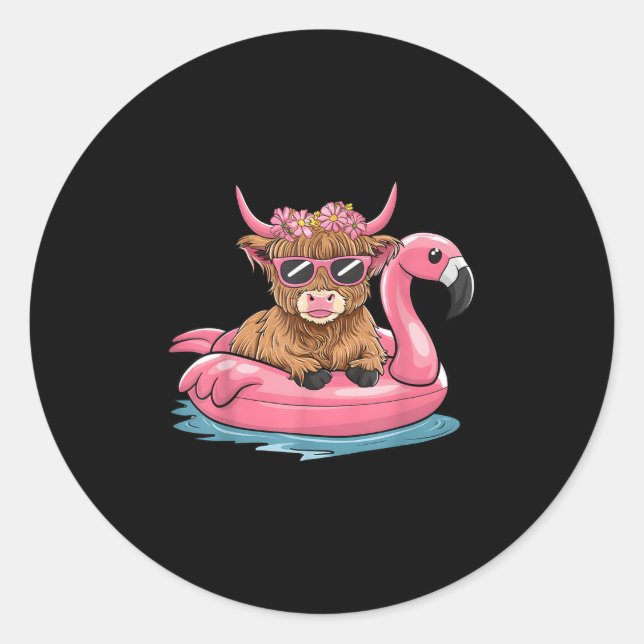 Highland Cow Flamingo Floatie Christmas In July Su Classic Round Sticker (Front)