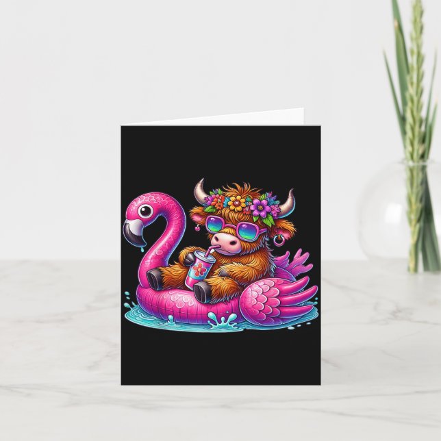 Highland Cow Flamingo ol Float Summer Hawaii Beach Card (Front)