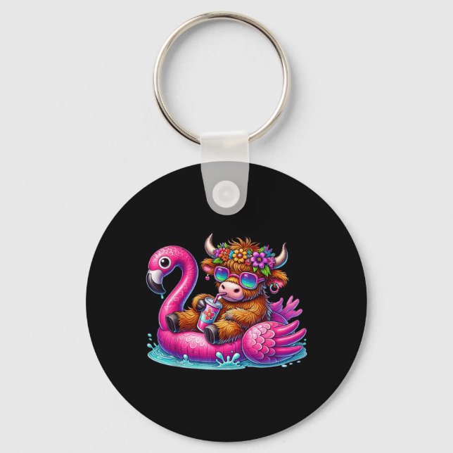 Highland Cow Flamingo ol Float Summer Hawaii Beach Key Ring (Front)