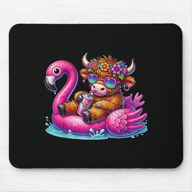 Highland Cow Flamingo ol Float Summer Hawaii Beach Mouse Mat (Front)