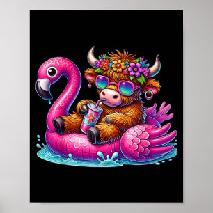 Highland Cow Flamingo ol Float Summer Hawaii Beach Poster