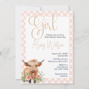 highland cow floral and pink gingham baby shower invitation