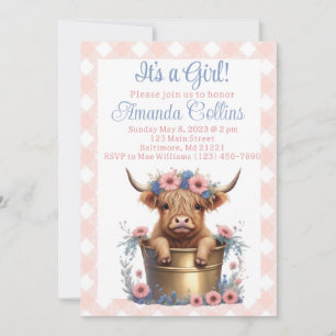 Highland cow floral baby shower invitation