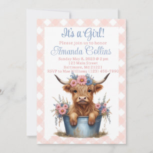 Highland cow floral baby shower invitation