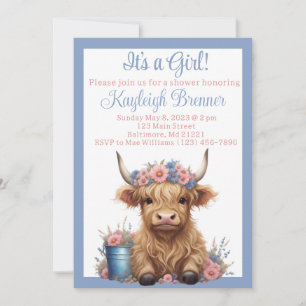 Highland cow floral baby shower invitation