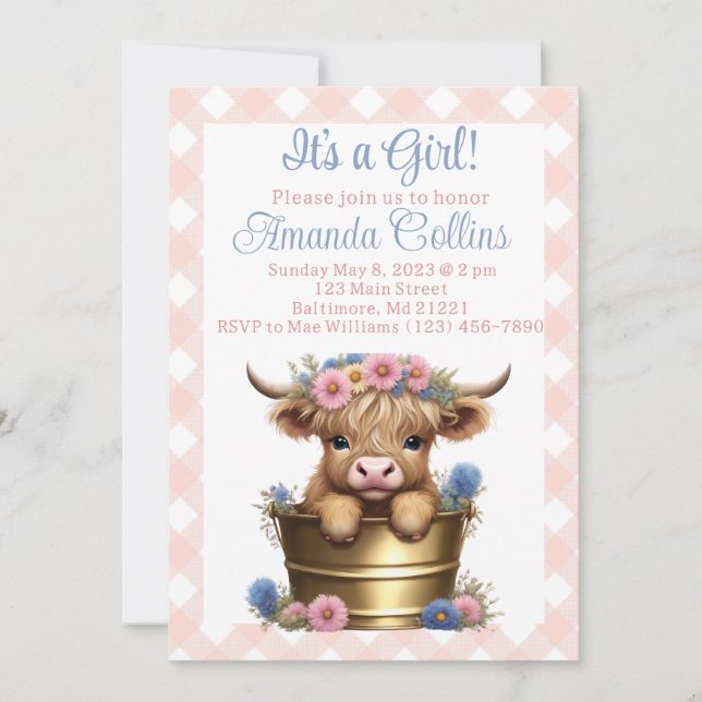 Highland cow floral baby shower invitation (Front)