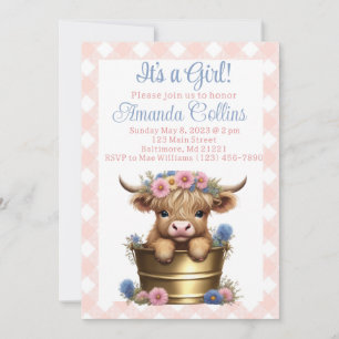 Highland cow floral baby shower invitation