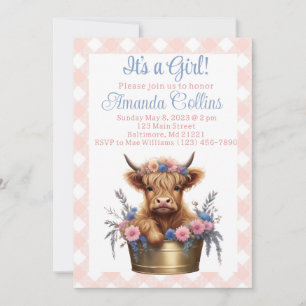 Highland cow floral baby shower invitation
