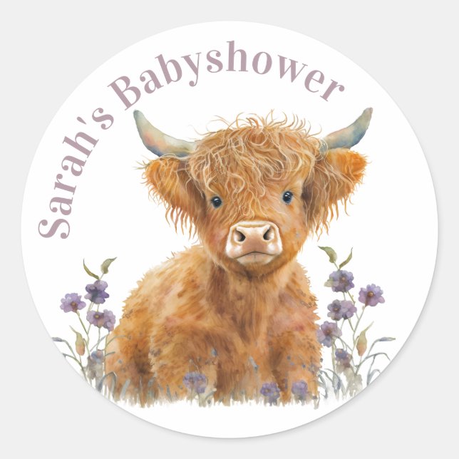 Highland cow floral boho party favour sticker (Front)