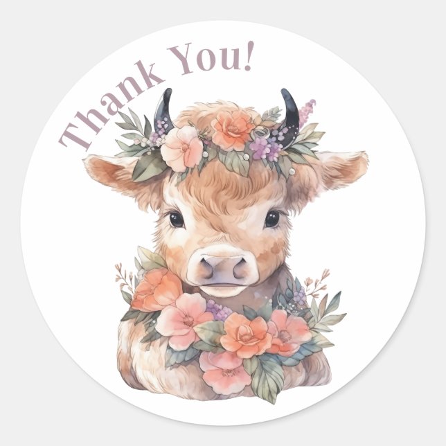 Highland cow floral boho party favour sticker (Front)