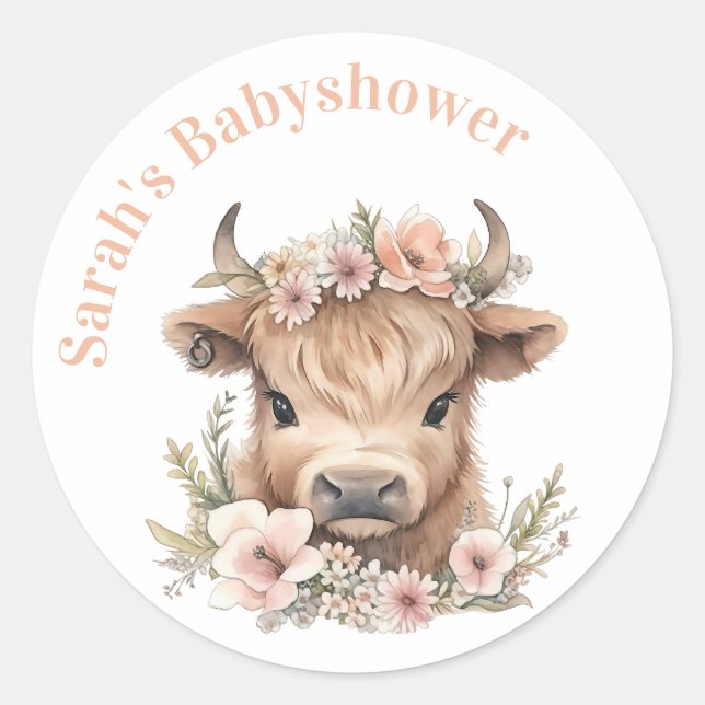 Highland cow floral boho party favour sticker (Front)