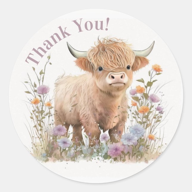 Highland cow floral boho party favour sticker (Front)