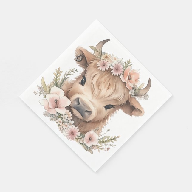 Highland cow floral boho party napkins (Corner)