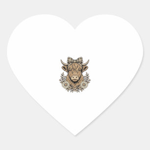 Highland Cow Floral Bow Vintage Engraving Design_1 Heart Sticker