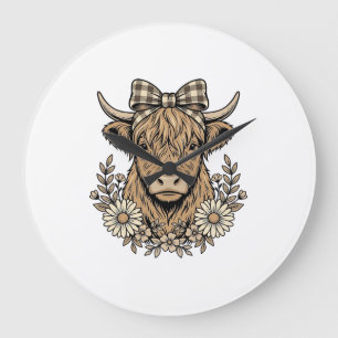 Highland Cow Floral Bow Vintage Engraving Design_1 Large Clock