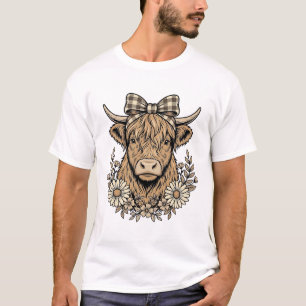 Highland Cow Floral Bow Vintage Engraving Design_1 T-Shirt
