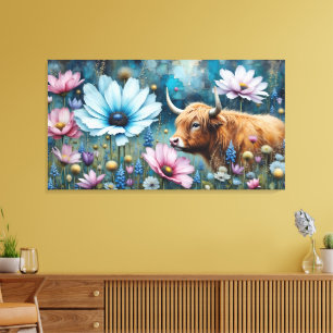 Highland Cow Floral Colorful Cosmos Tapestry II Canvas Print