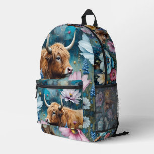 Highland Cow Floral Colorful Cosmos Tapestry Printed Backpack
