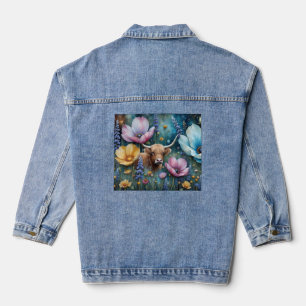 Highland Cow Floral Colourful Cosmos  Denim Jacket