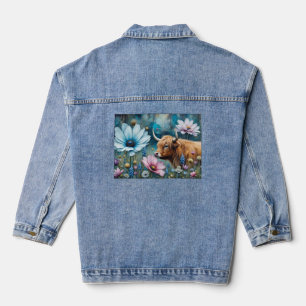 Highland Cow Floral Colourful Cosmos Tapestry Denim Jacket