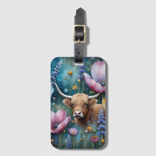 Highland Cow Floral Colourful Cosmos Tapestry II Luggage Tag