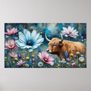 Highland Cow Floral Colourful Cosmos Tapestry II Poster