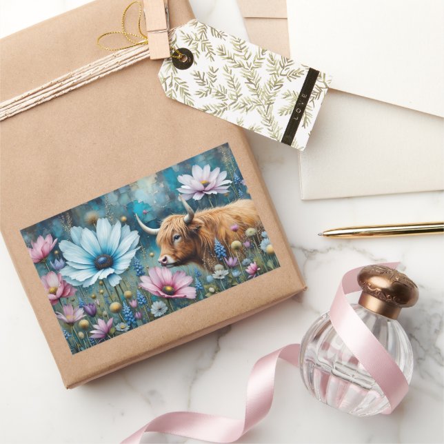 Highland Cow Floral Colourful Cosmos Tapestry II Rectangular Sticker (Gifting)