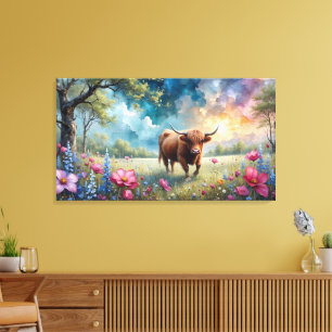 Highland Cow Floral Colourful tree and sky Canvas Print