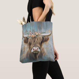 Highland Cow Floral Crown Rustic Elegant Farmhouse Tote Bag