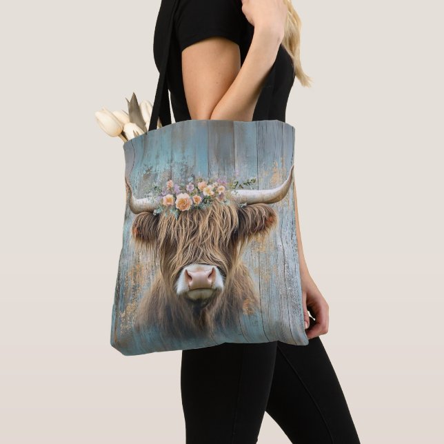 Highland Cow Floral Crown Rustic Elegant Farmhouse Tote Bag (Close Up)