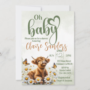 Highland cow floral daisy baby shower invitation