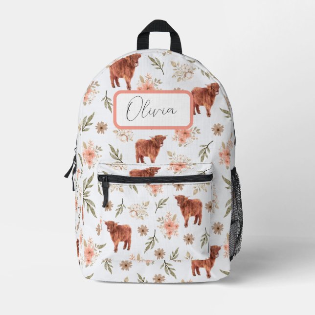 Highland Cow Floral Girl's Backpack (Front)