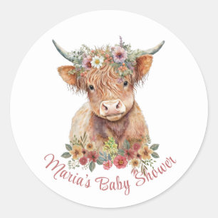 Highland Cow Floral Illustration Cute Rustic  Classic Round Sticker