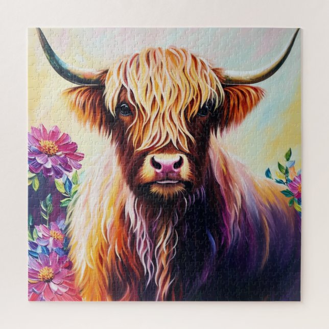 Highland Cow Floral Multicolor Art Jigsaw Puzzle (Vertical)