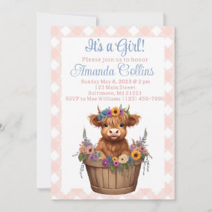 Highland cow floral rustic baby shower invitation
